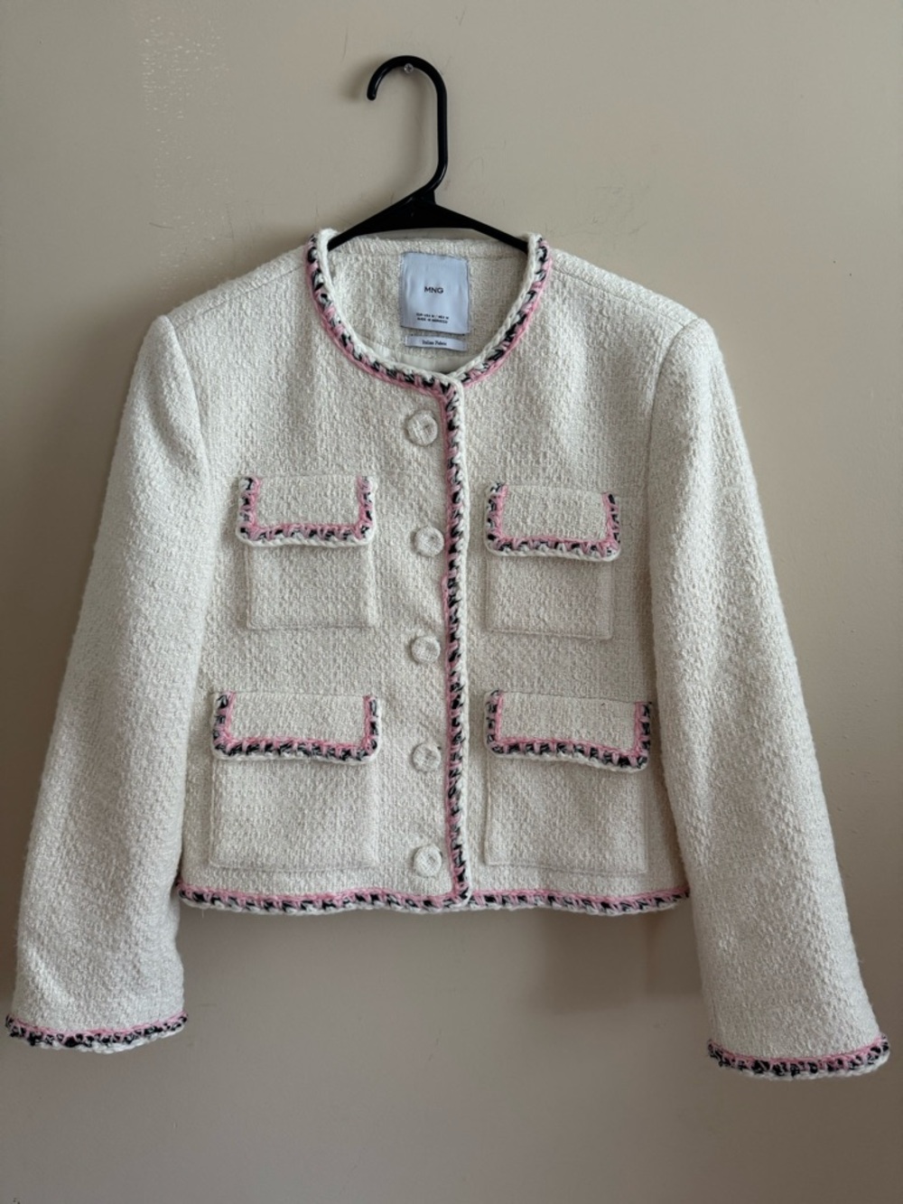 Mango Ivory Tweed Jacket with Pink & Black Trim
